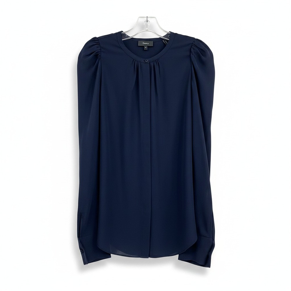 Theory Navy Silk Button Up Blouse | Women’s M Regular